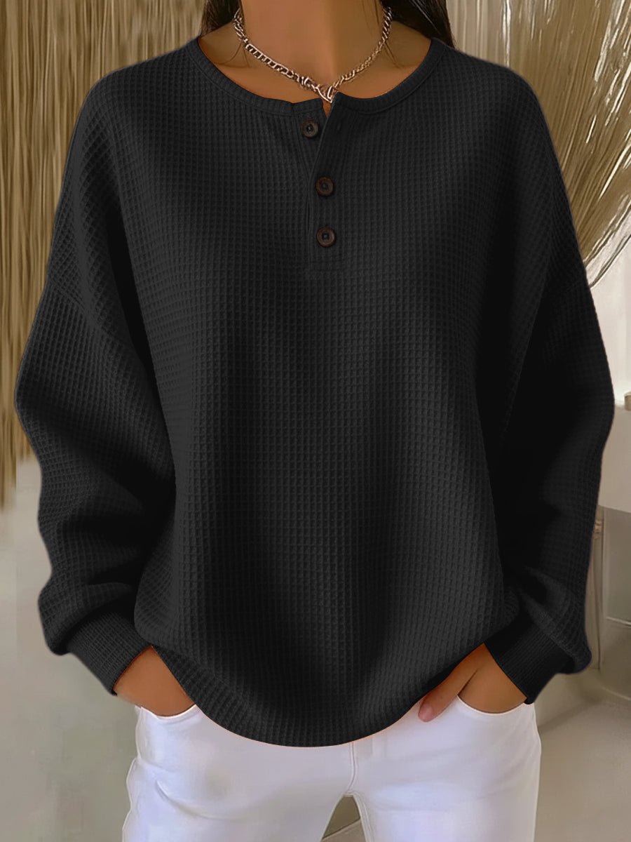 Isla | Women's Relaxed Waffle Knit Sweater Henley Long Sleeve Top