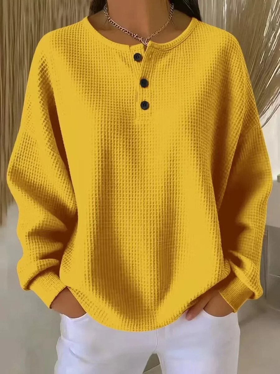 Isla | Women's Relaxed Waffle Knit Sweater Henley Long Sleeve Top