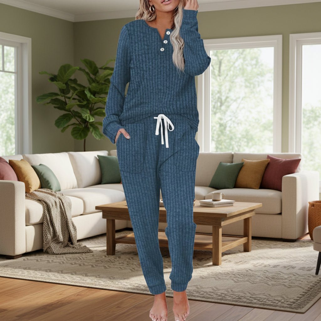 Ava | Women's Ribbed Button-Neck Long-Sleeve Loungewear Two-Piece Set