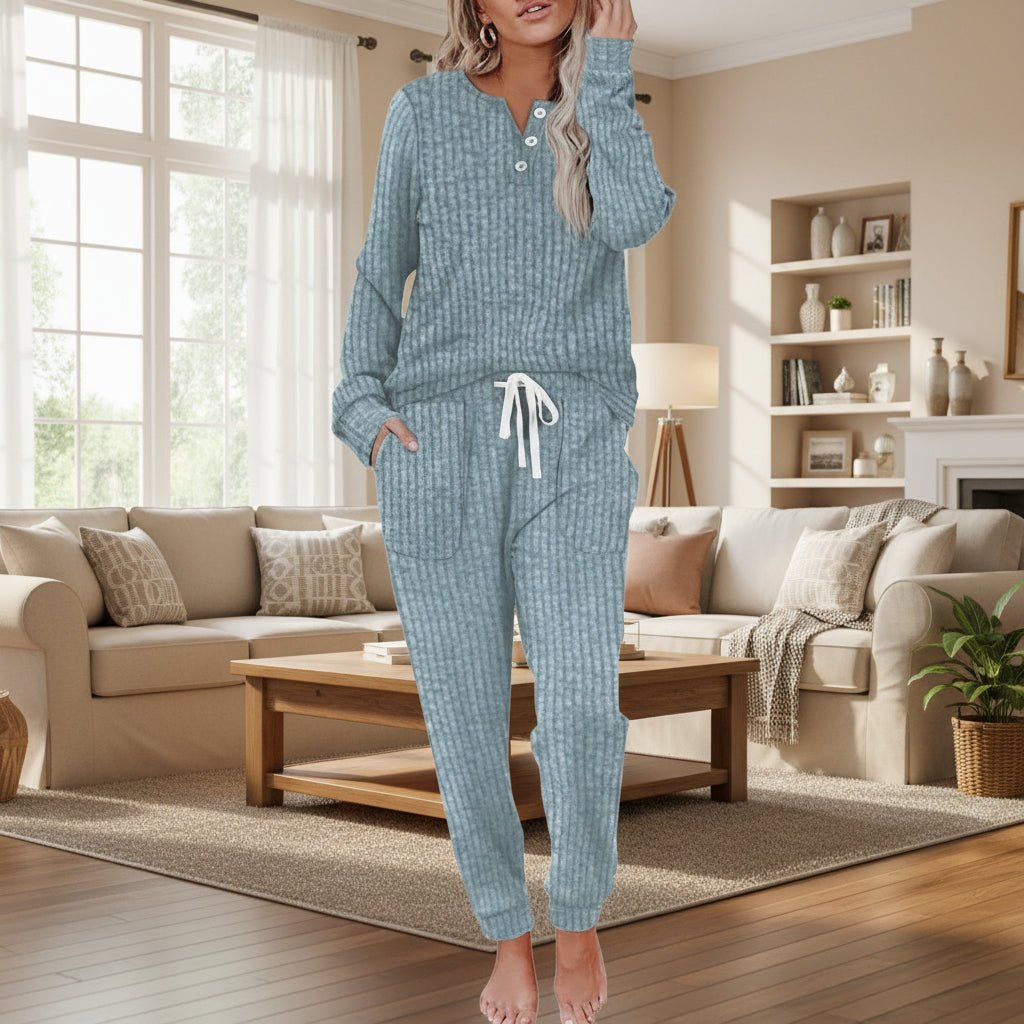 Ava | Women's Ribbed Button-Neck Long-Sleeve Loungewear Two-Piece Set