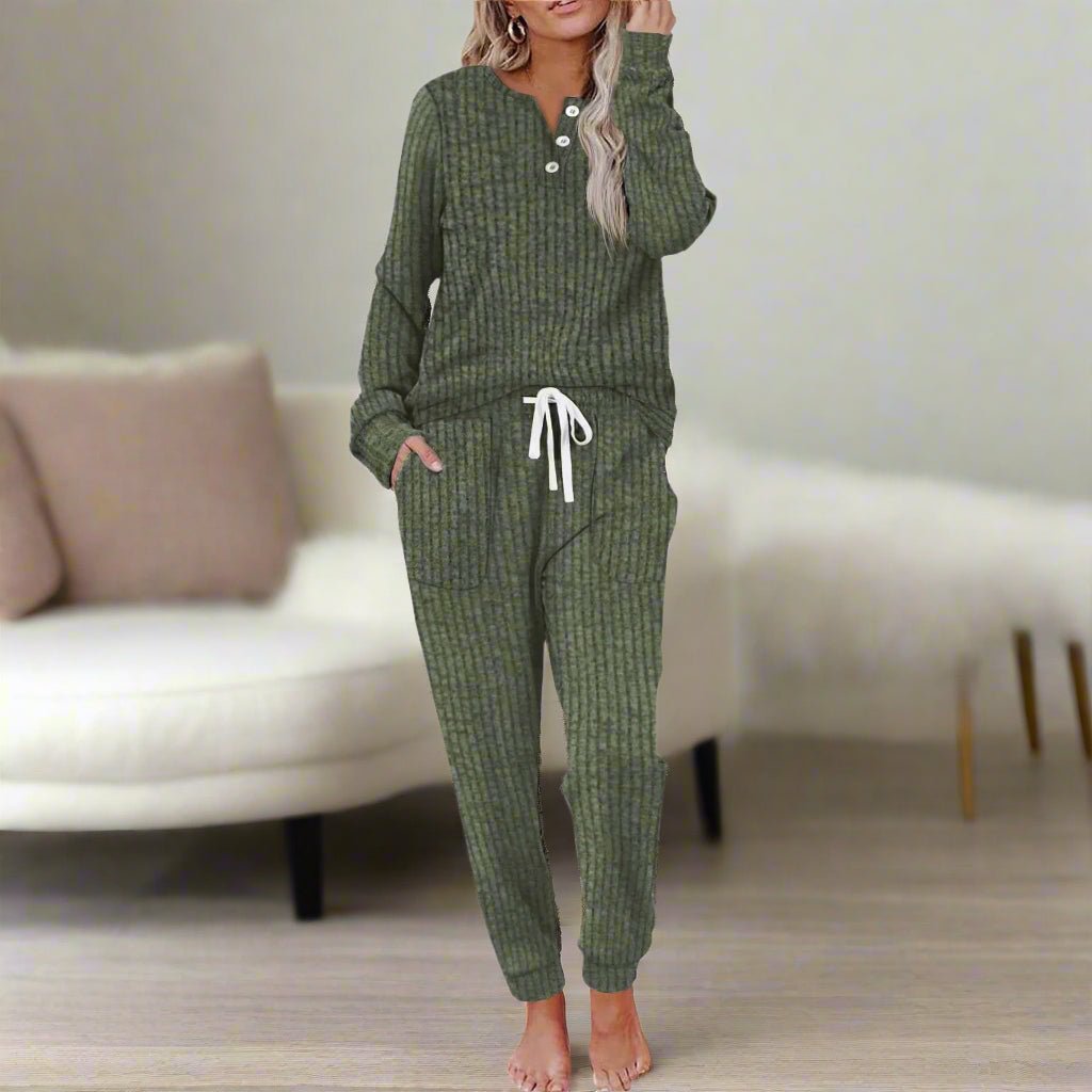 Ava | Women's Ribbed Button-Neck Long-Sleeve Loungewear Two-Piece Set