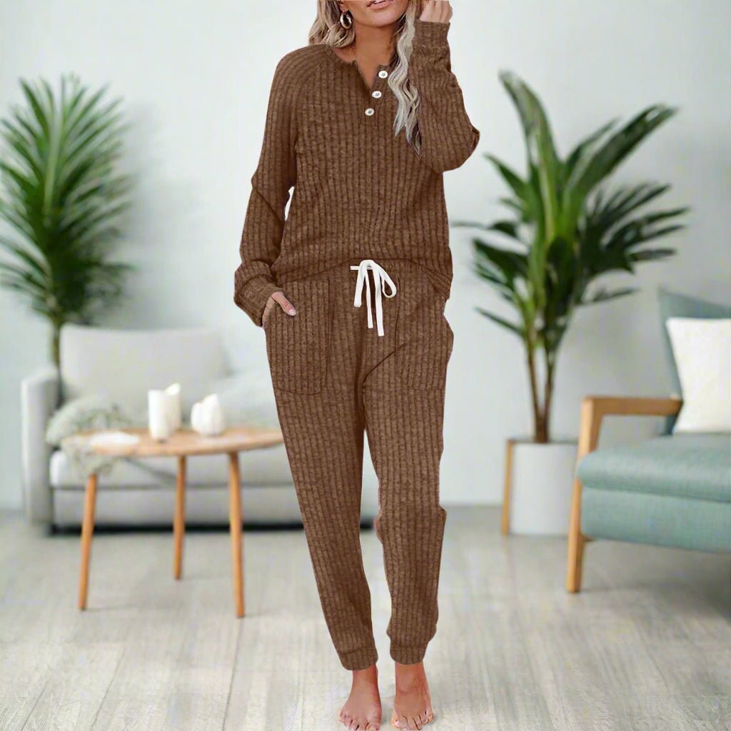 Ava | Women's Ribbed Button-Neck Long-Sleeve Loungewear Two-Piece Set