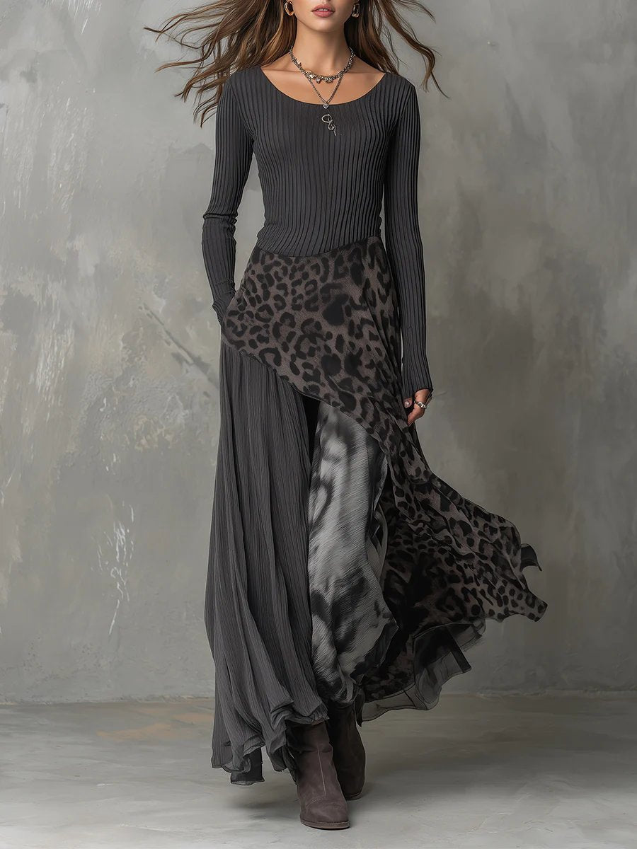 Rosie | Women's Ribbed Knit Leopard Print Irregular Hem Maxi Long Sleeve Dress