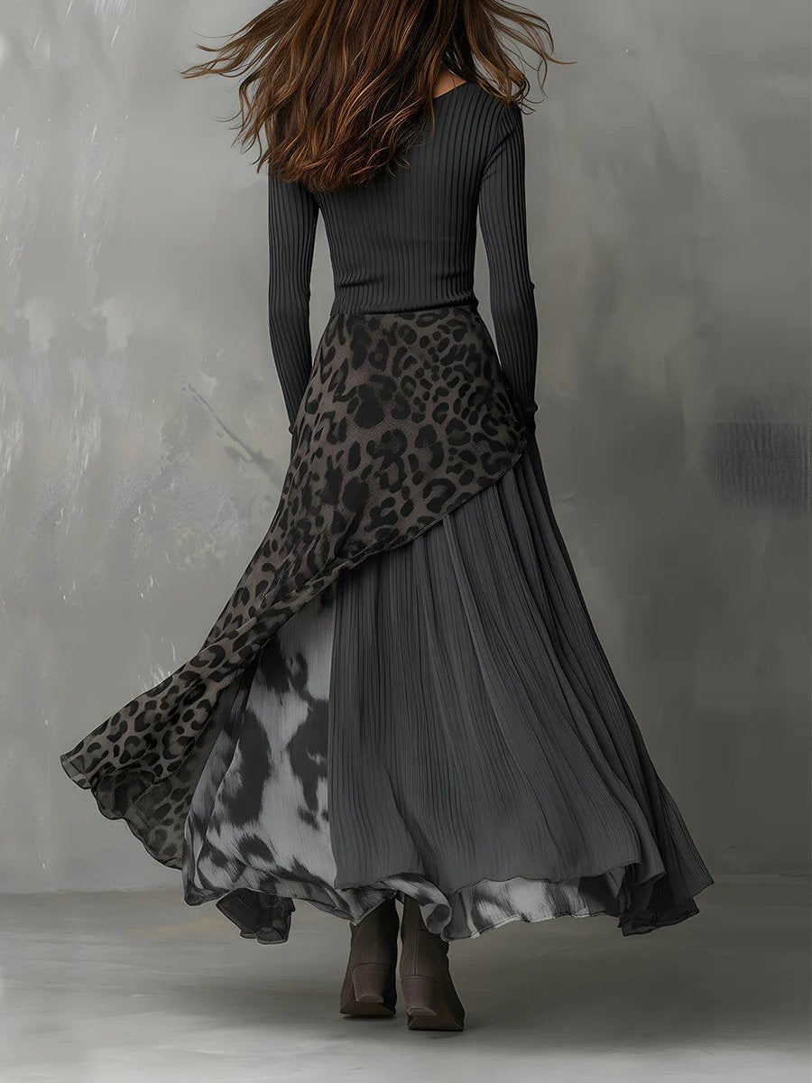 Rosie | Women's Ribbed Knit Leopard Print Irregular Hem Maxi Long Sleeve Dress