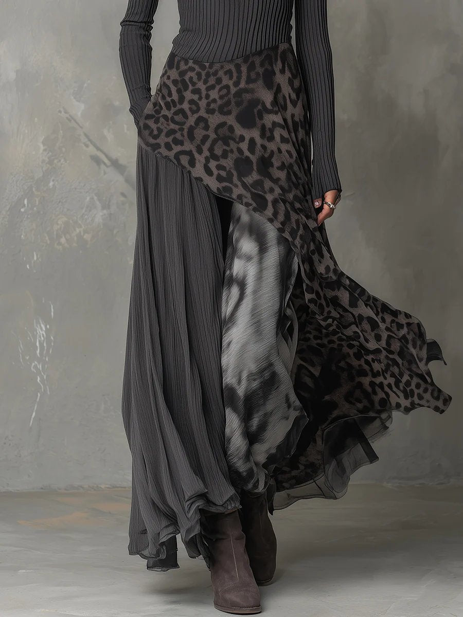 Rosie | Women's Ribbed Knit Leopard Print Irregular Hem Maxi Long Sleeve Dress
