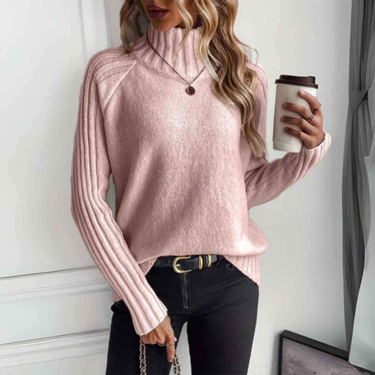 Freya | Women's Ribbed Knit Turtleneck Sweater Relaxed Long Sleeve Jumper