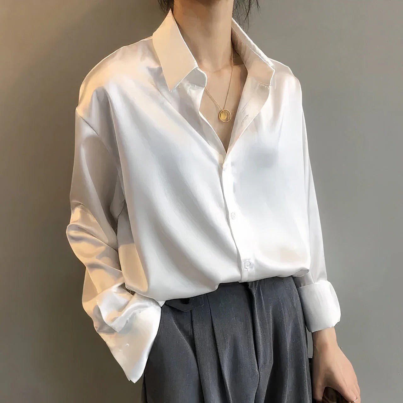 Evelyn | Women's Satin Long-Sleeve Button-Down Blouse