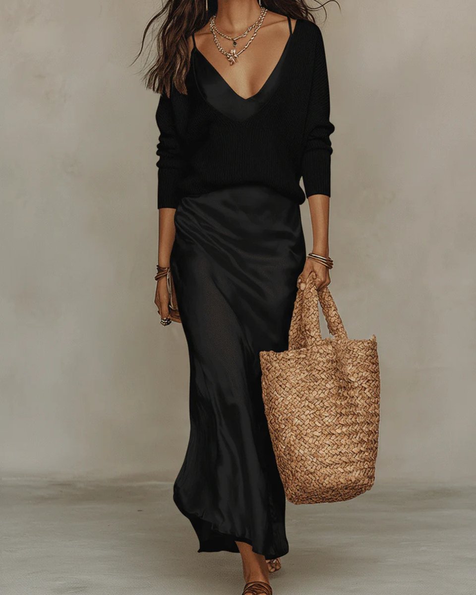 Rosie | Women's Satin Slip V-Neck Long Sleeve Dress Midi Knit Jumper Set