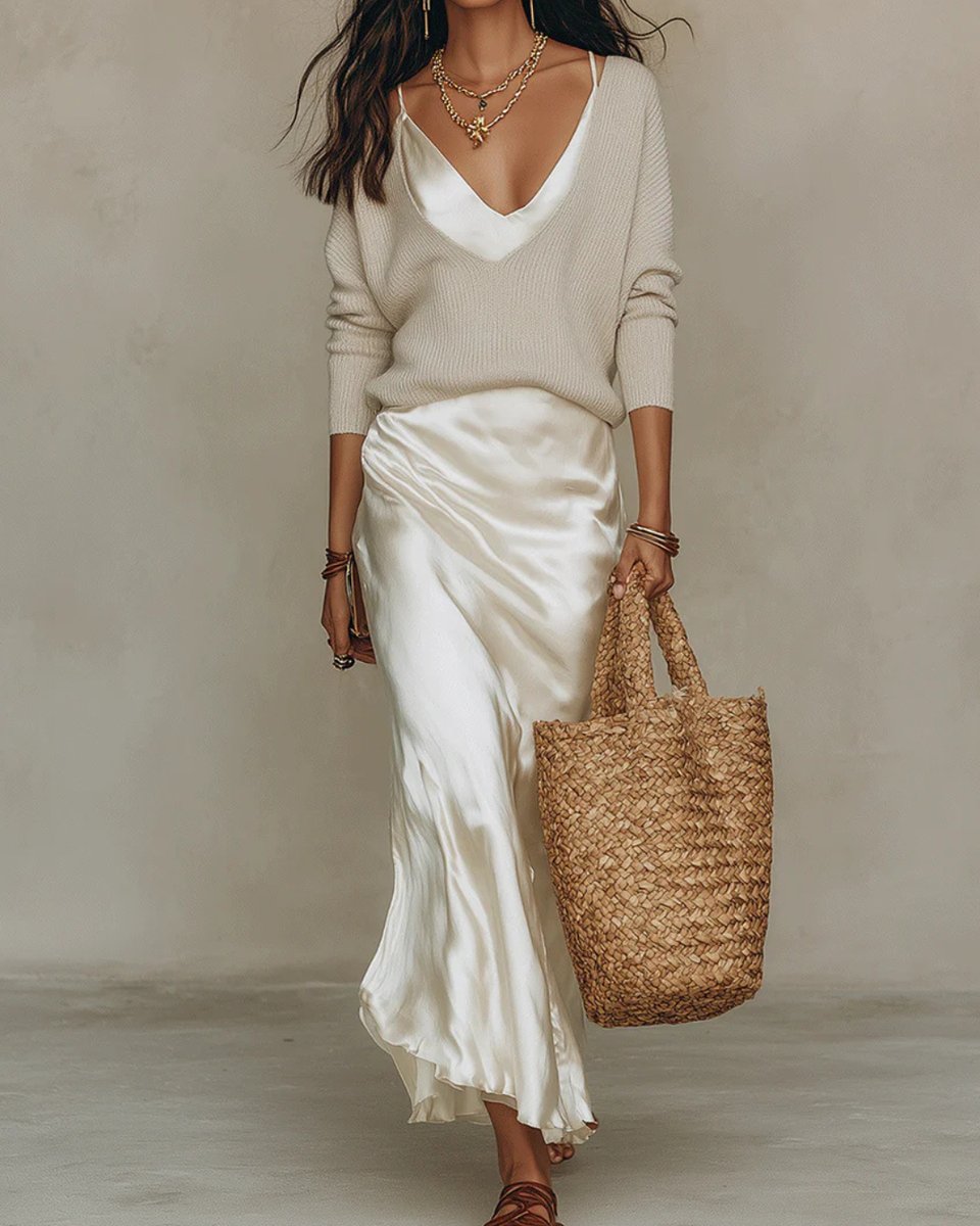 Rosie | Women's Satin Slip V-Neck Long Sleeve Dress Midi Knit Jumper Set
