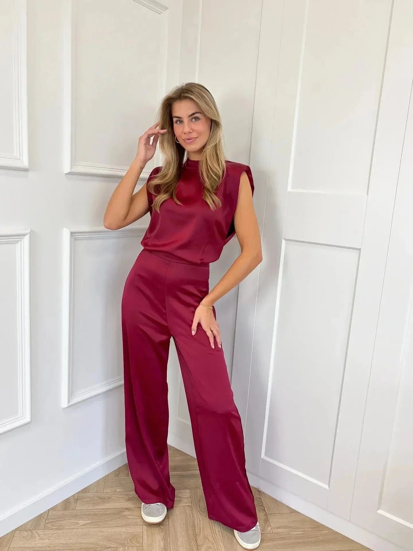 Sienna | Women's Satin Wide-Leg Sleeveless Mock-Neck Jumpsuit