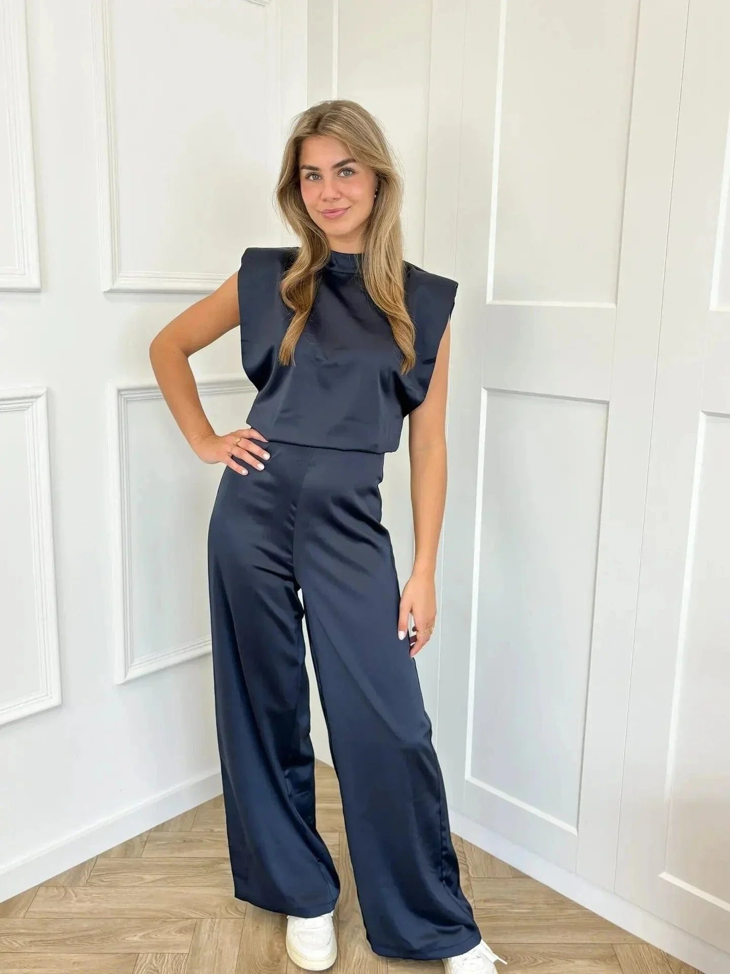 Sienna | Women's Satin Wide-Leg Sleeveless Mock-Neck Jumpsuit