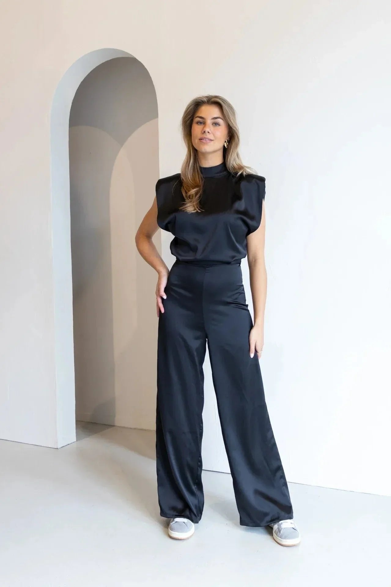Sienna | Women's Satin Wide-Leg Sleeveless Mock-Neck Jumpsuit