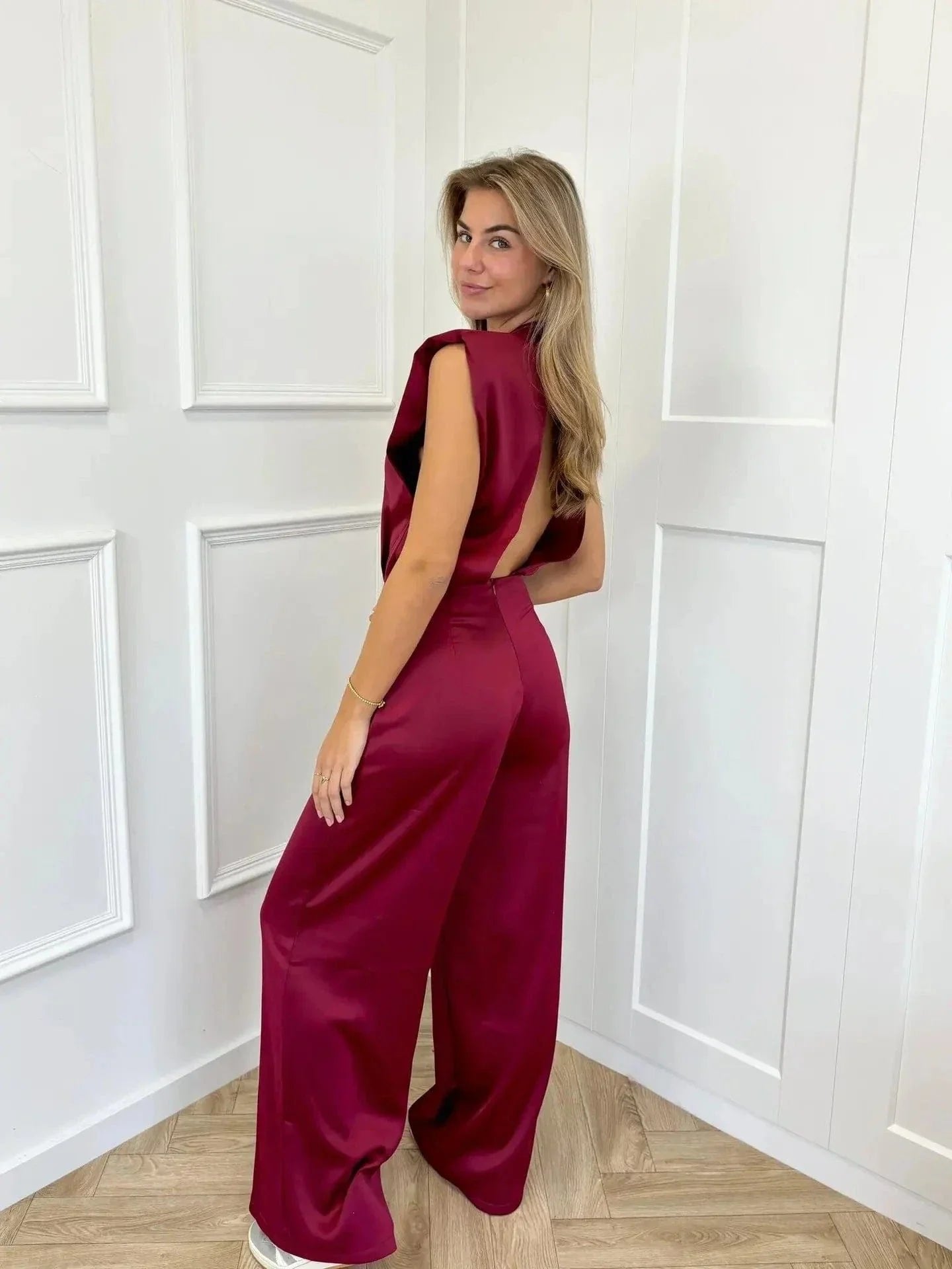 Sienna | Women's Satin Wide-Leg Sleeveless Mock-Neck Jumpsuit
