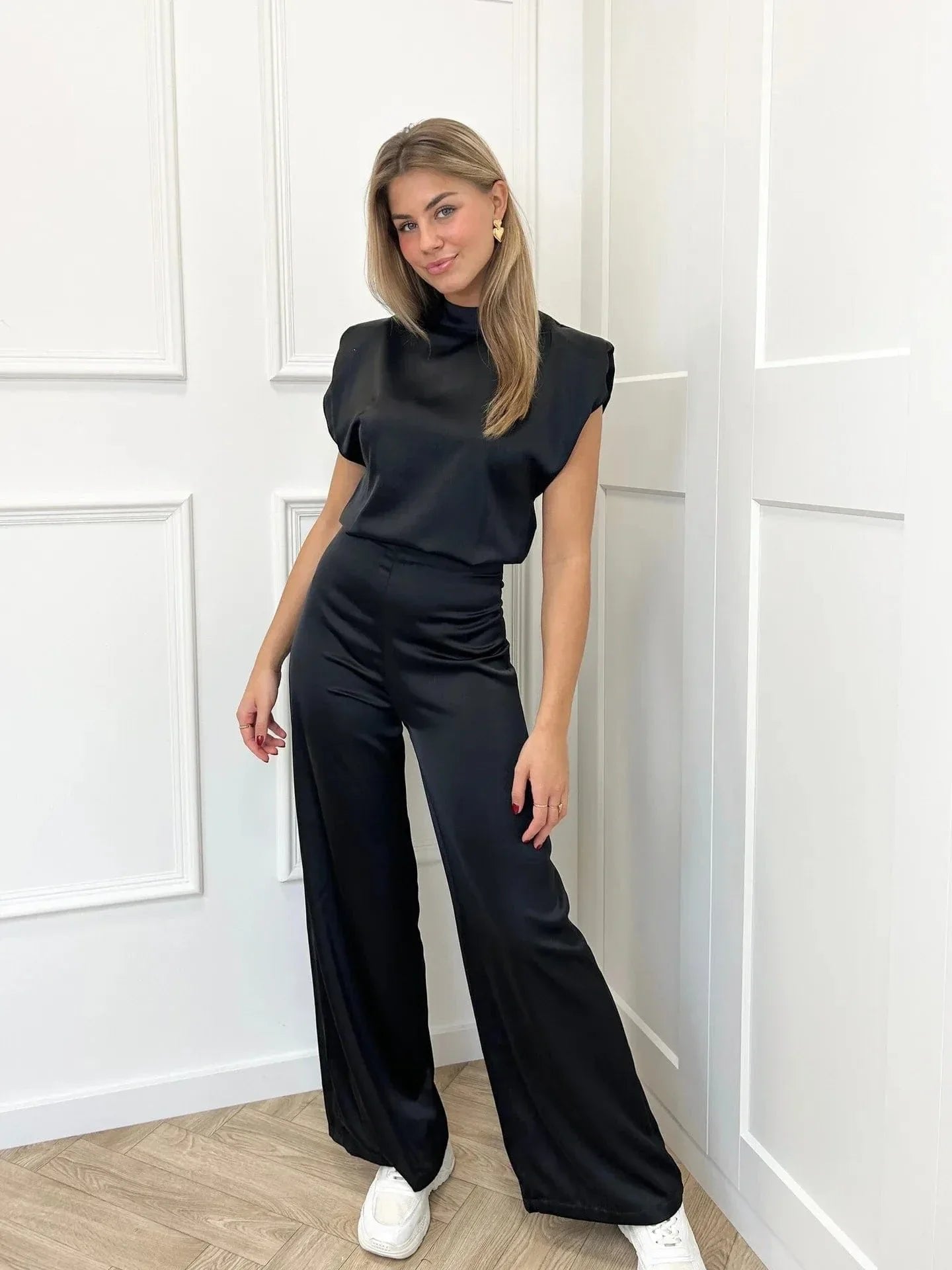Sienna | Women's Satin Wide-Leg Sleeveless Mock-Neck Jumpsuit