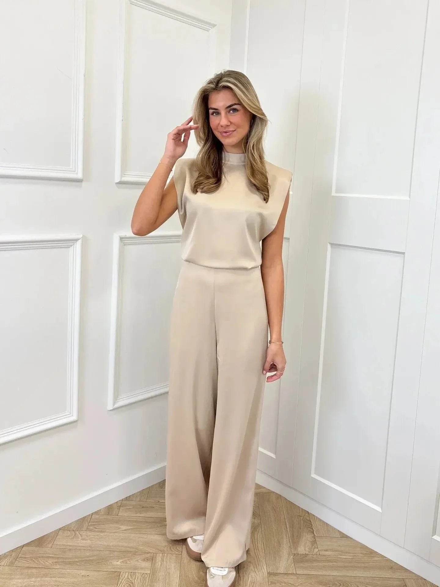 Sienna | Women's Satin Wide-Leg Sleeveless Mock-Neck Jumpsuit