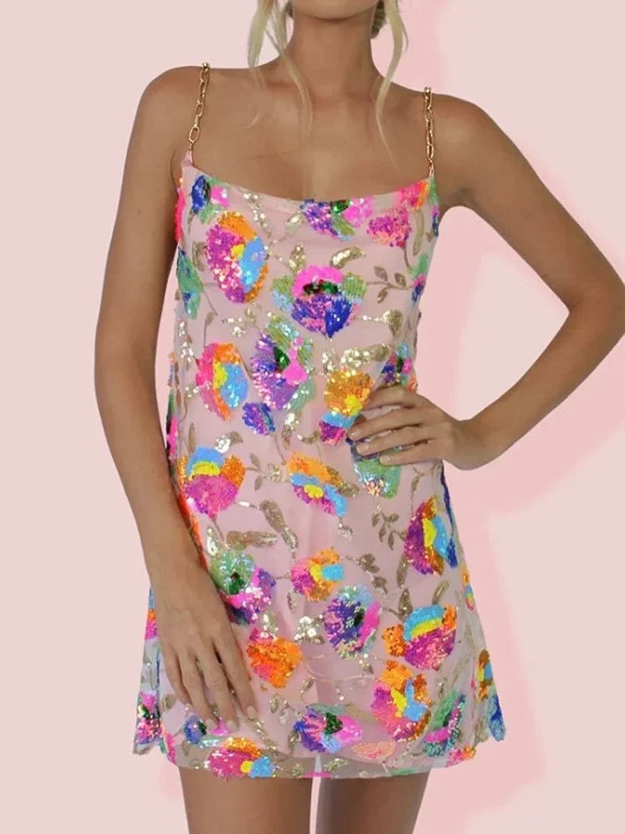 Freya | Women's Sequin Floral Slip Party Dress Chain Strap Mini