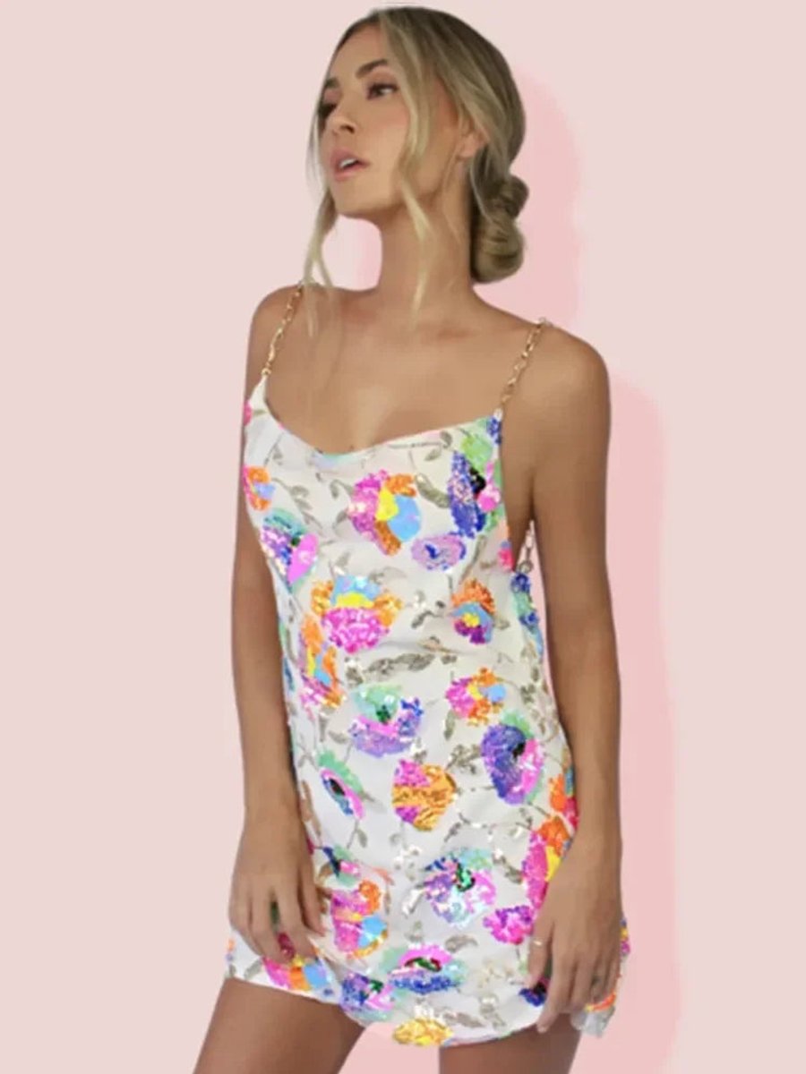 Freya | Women's Sequin Floral Slip Party Dress Chain Strap Mini