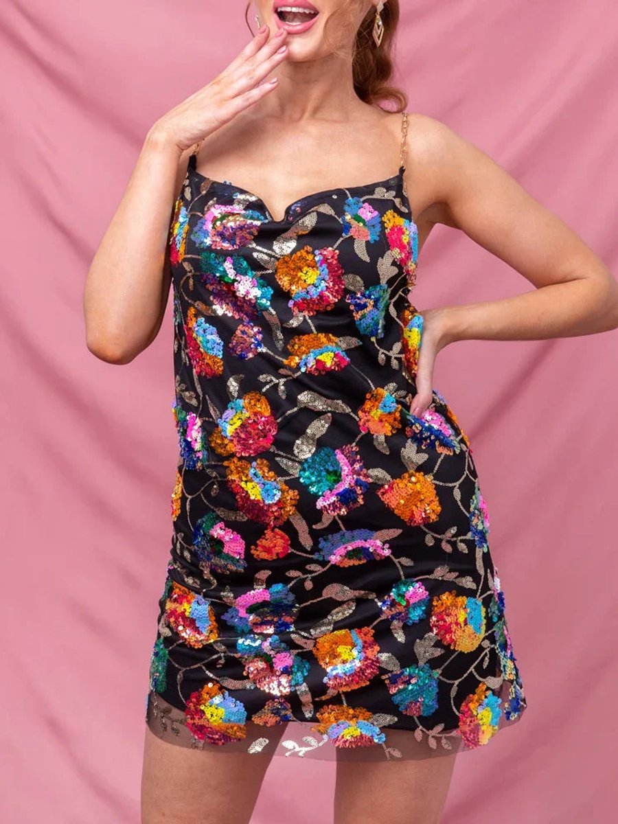 Freya | Women's Sequin Floral Slip Party Dress Chain Strap Mini