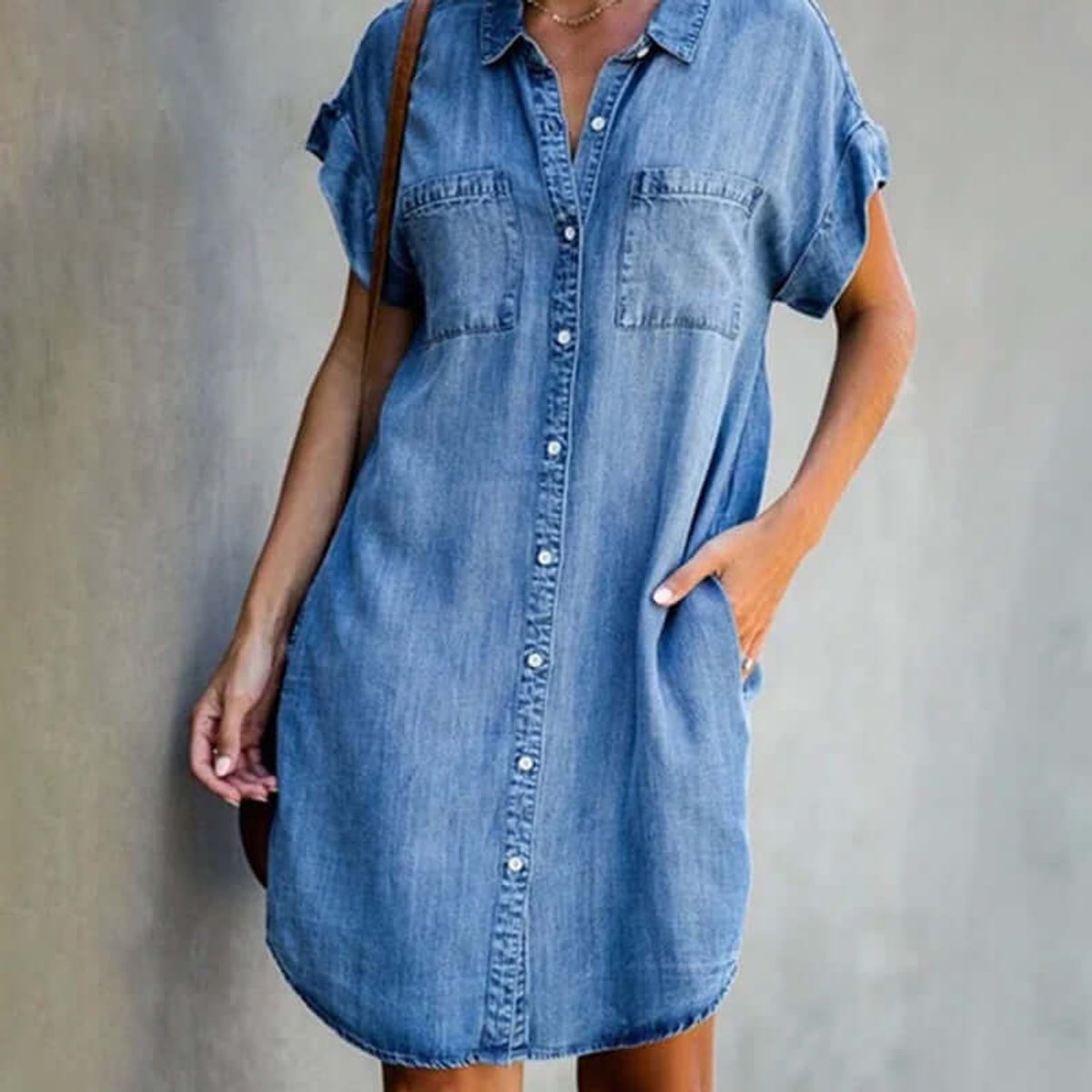Emily | Women's Short-Sleeve Denim Shirt Party Dress Chest Pockets