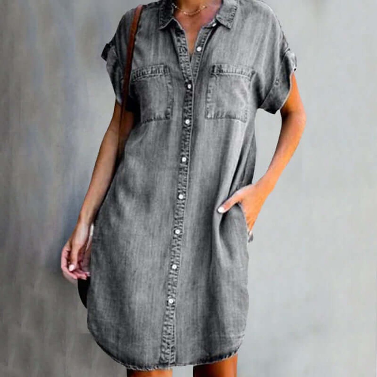 Emily | Women's Short-Sleeve Denim Shirt Party Dress Chest Pockets