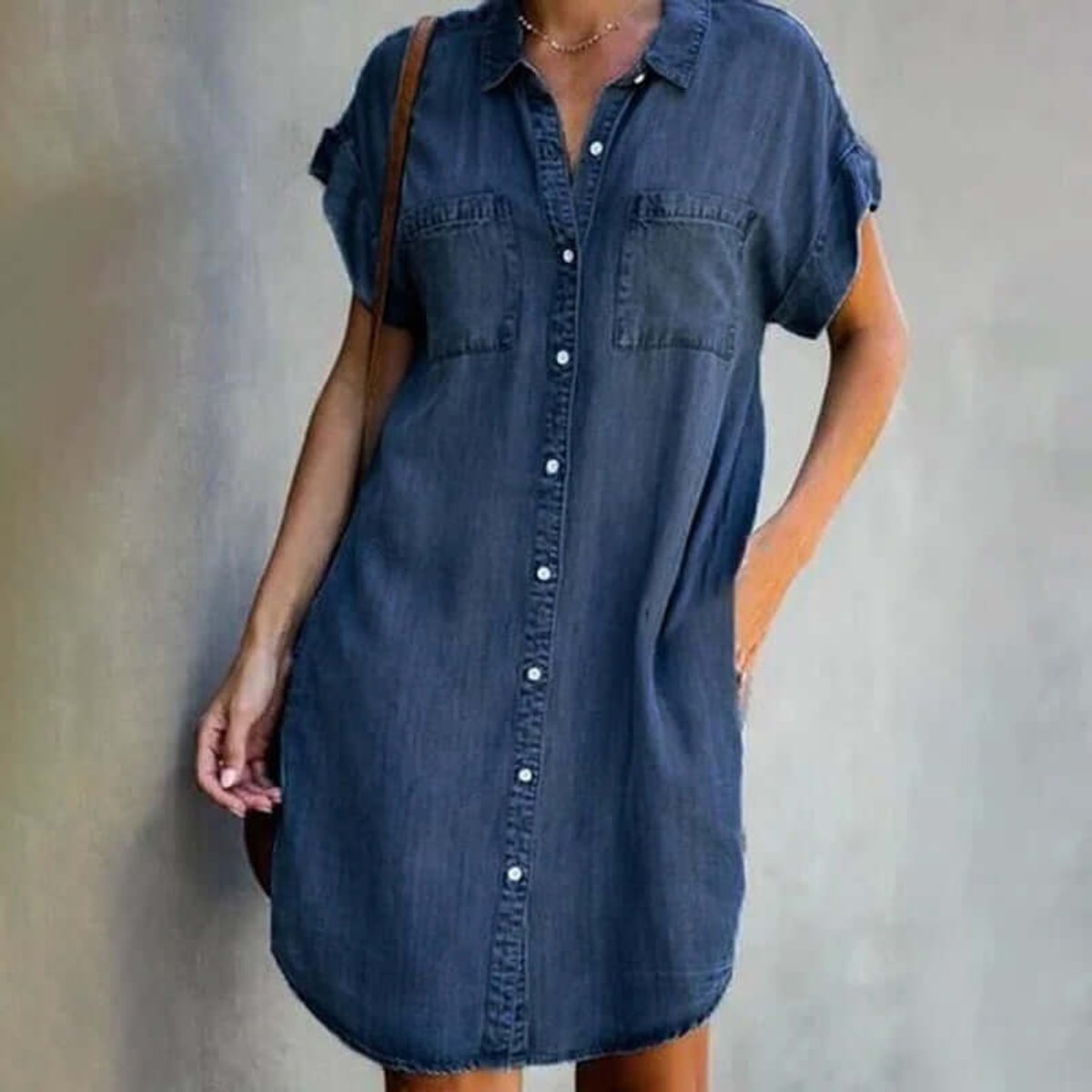 Emily | Women's Short-Sleeve Denim Shirt Party Dress Chest Pockets