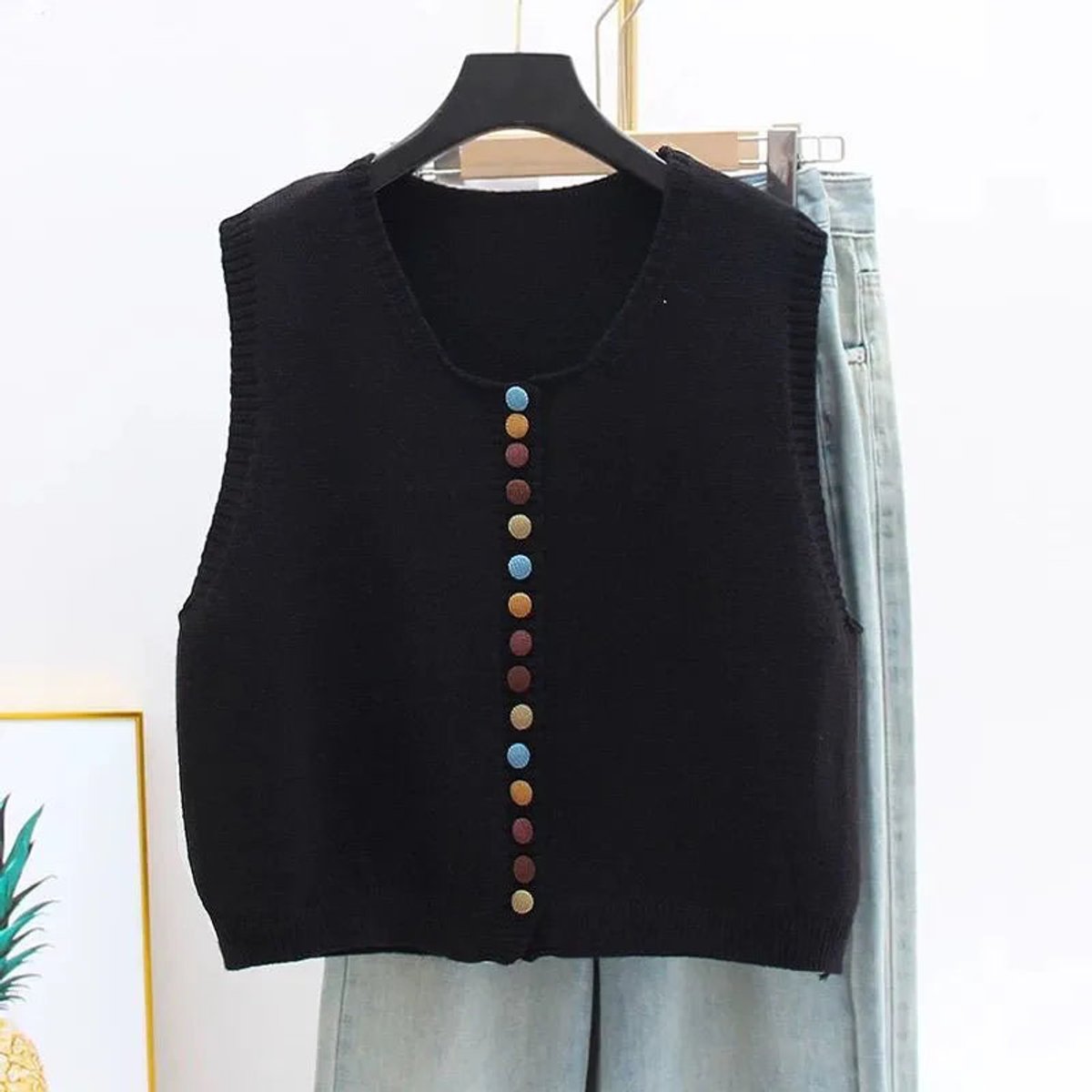 Ella | Women's Sleeveless Knit Button-Front Vest Colourful Button Detail