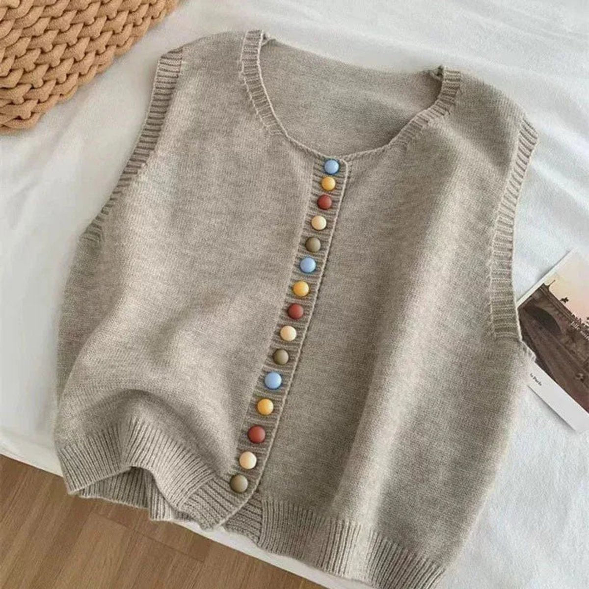 Ella | Women's Sleeveless Knit Button-Front Vest Colourful Button Detail