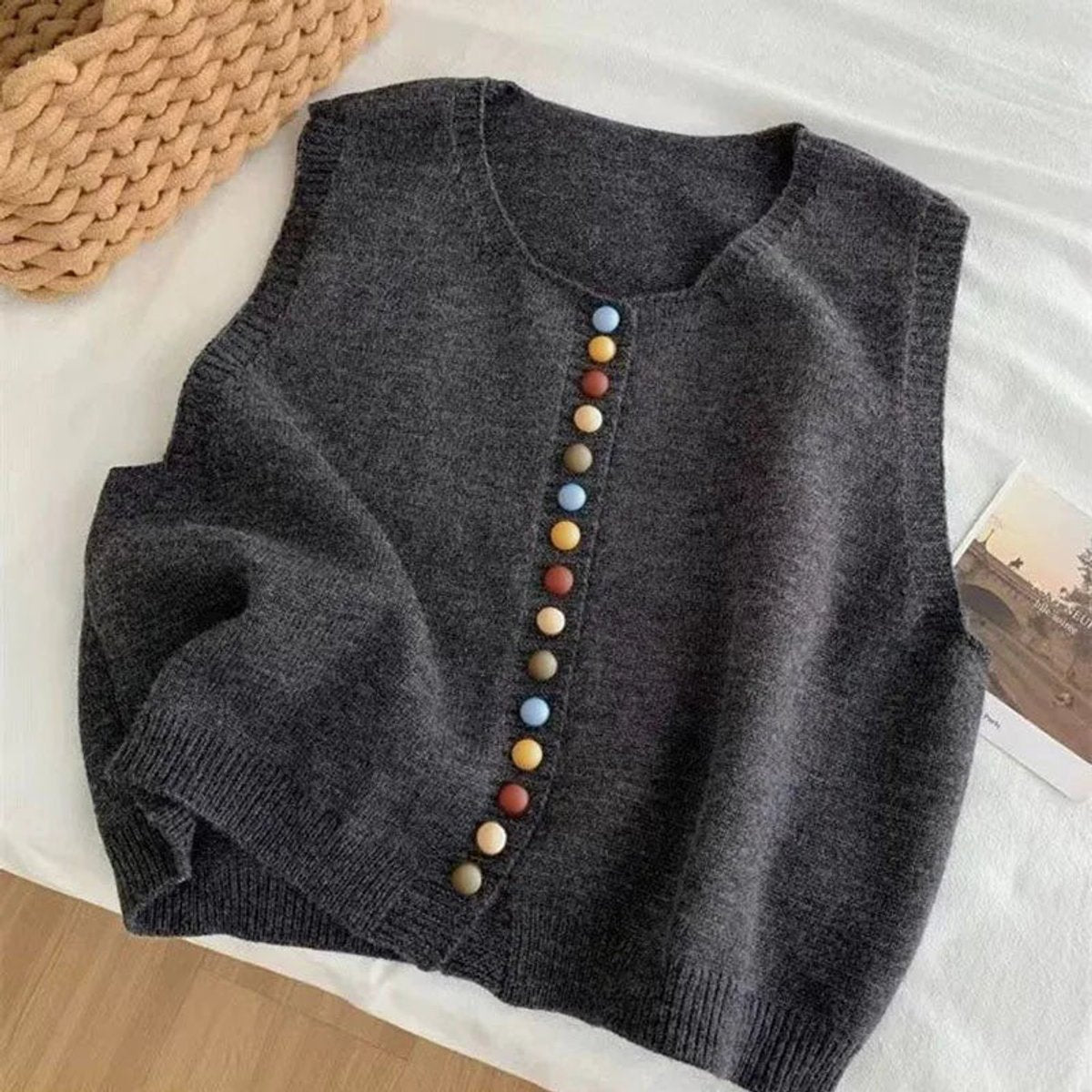 Ella | Women's Sleeveless Knit Button-Front Vest Colourful Button Detail
