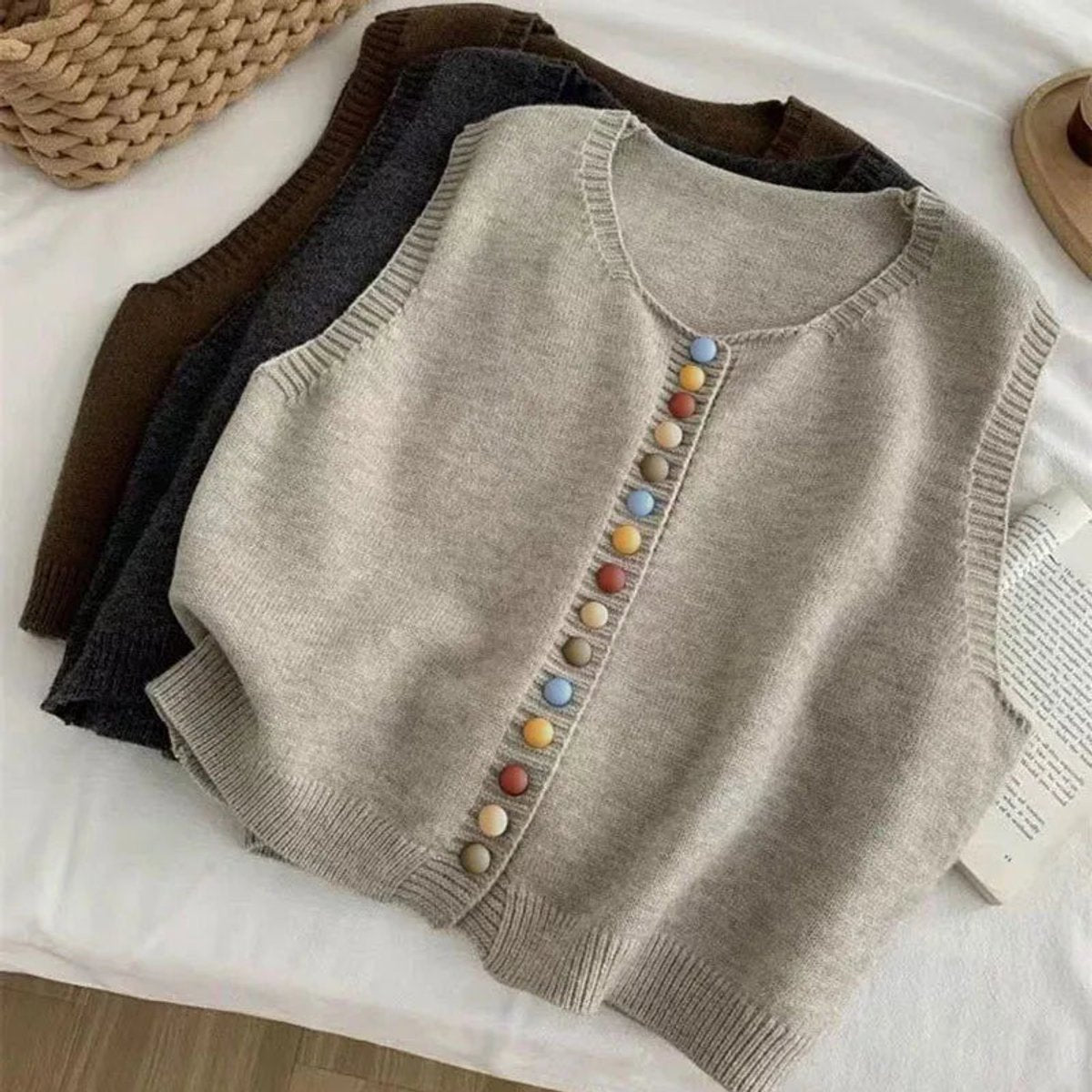 Ella | Women's Sleeveless Knit Button-Front Vest Colourful Button Detail