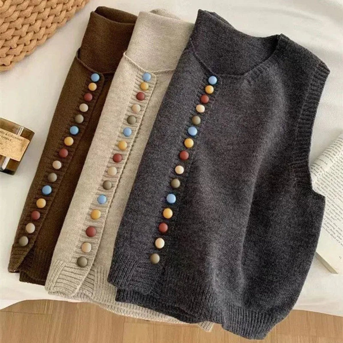 Ella | Women's Sleeveless Knit Button-Front Vest Colourful Button Detail