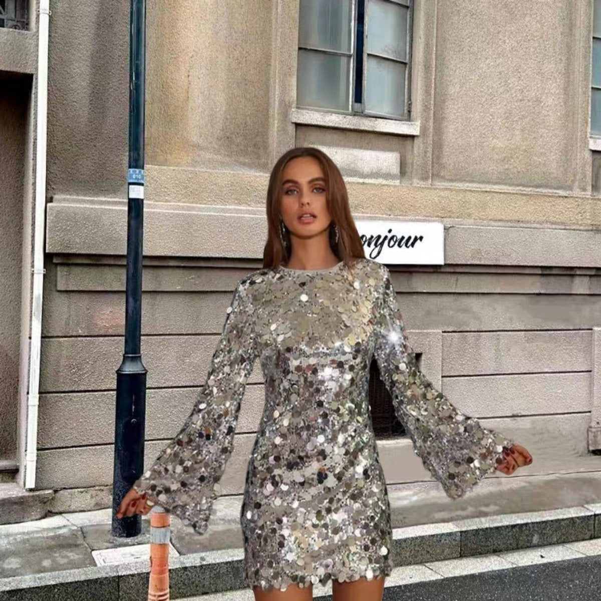 Florence | Women's Sparkling Sequin Long Sleeve Mini Cocktail Dress