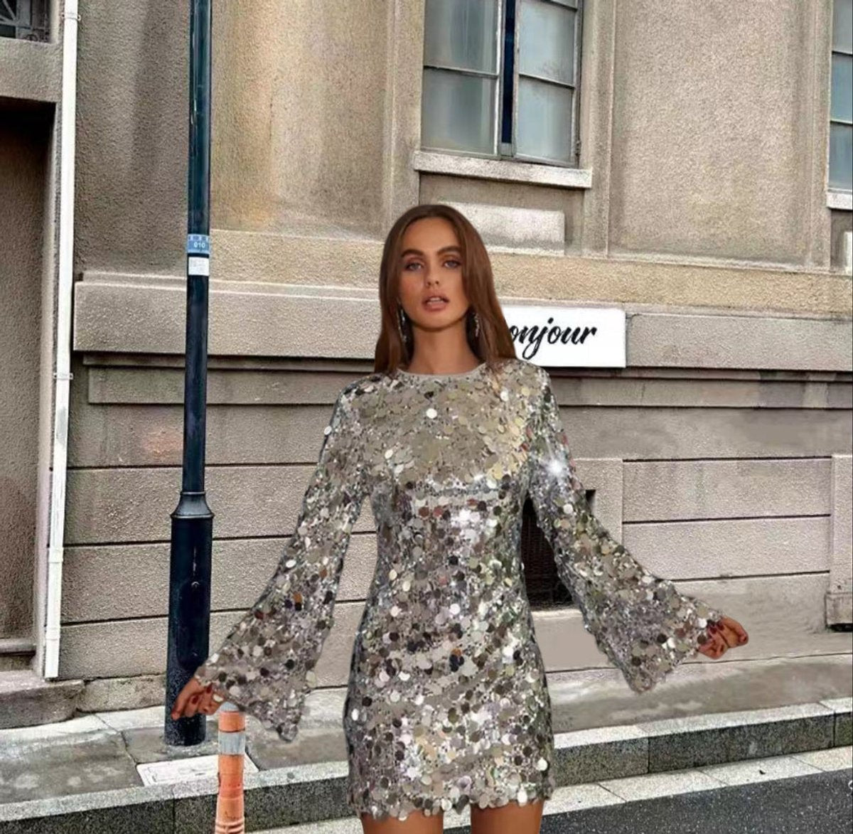 Florence | Women's Sparkling Sequin Long Sleeve Mini Cocktail Dress