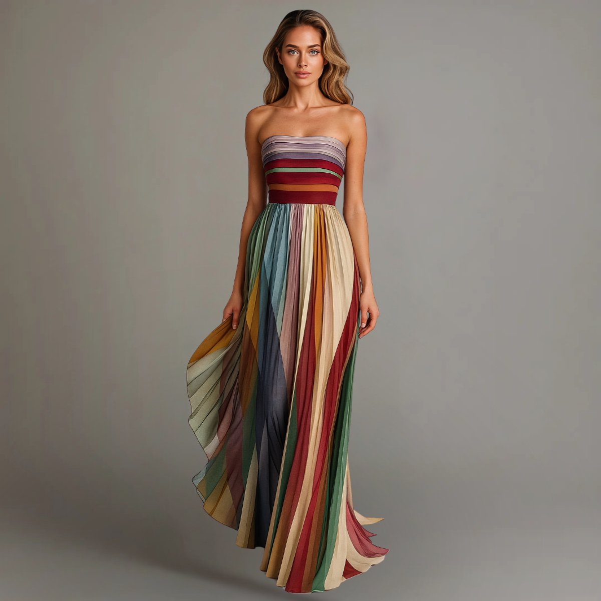 Sienna | Women's Strapless Pleated Striped Maxi Dress Floor-Length
