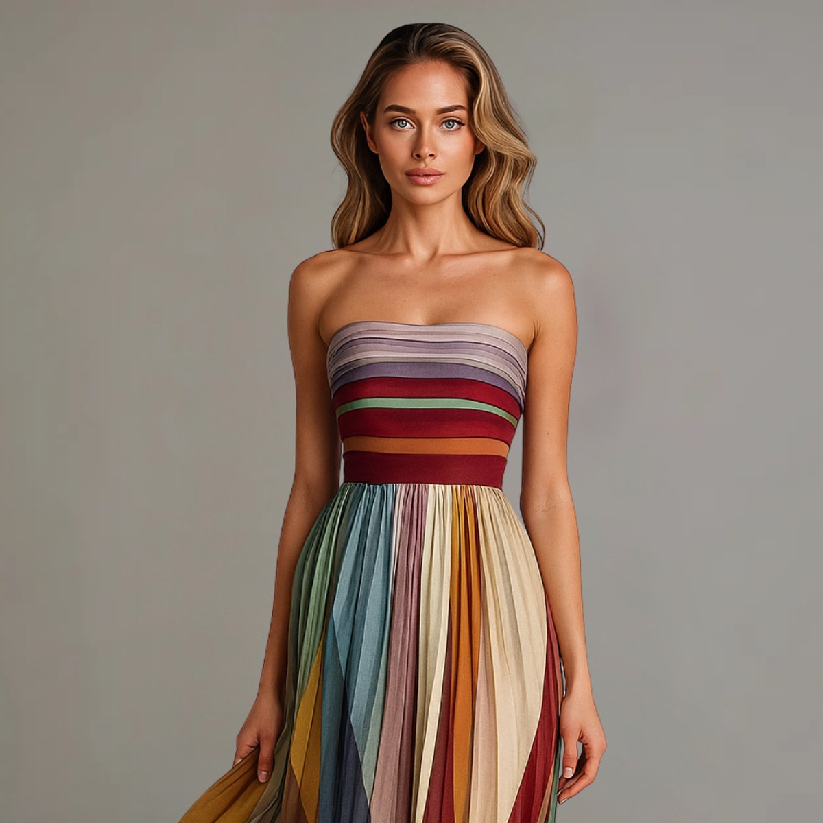 Sienna | Women's Strapless Pleated Striped Maxi Dress Floor-Length