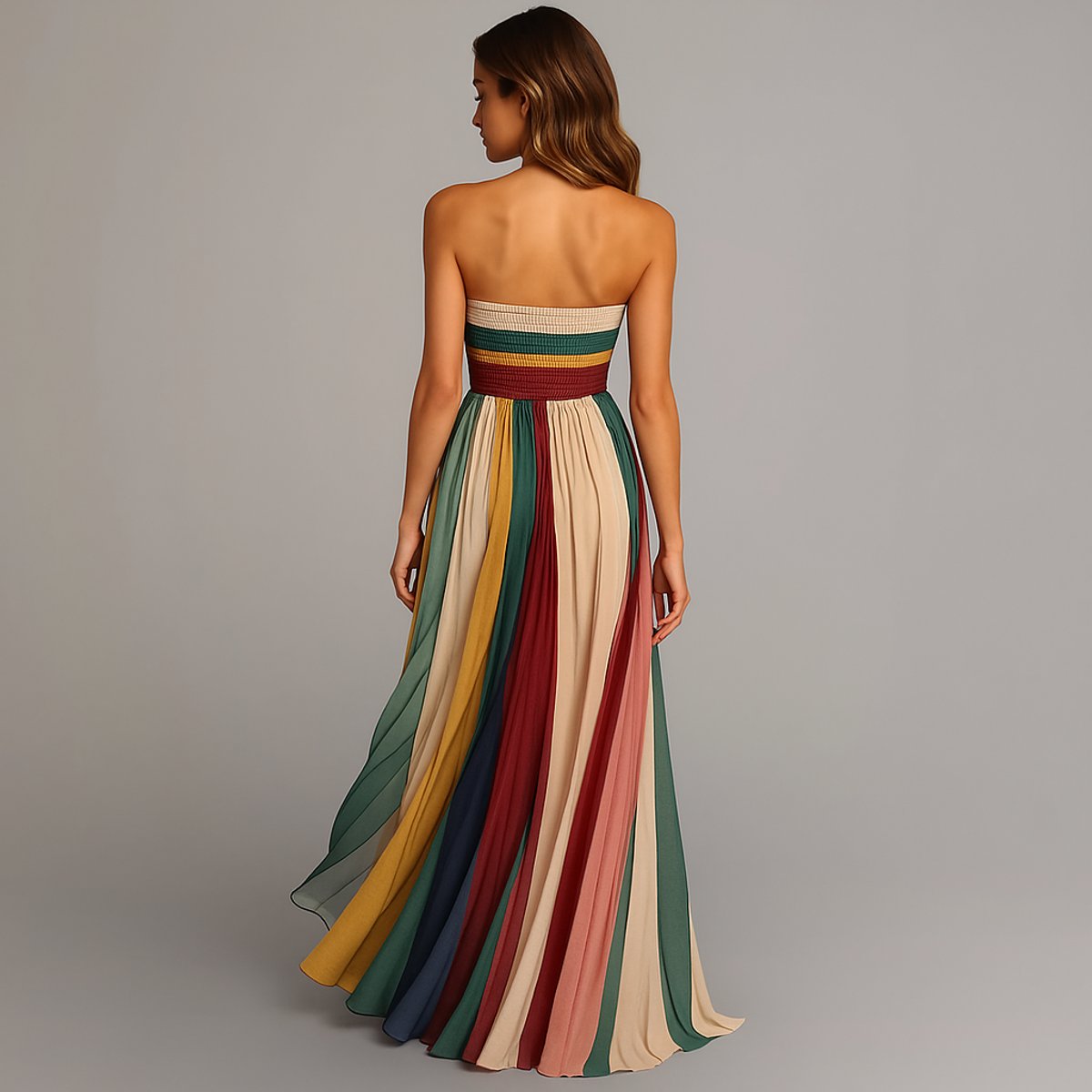 Sienna | Women's Strapless Pleated Striped Maxi Dress Floor-Length