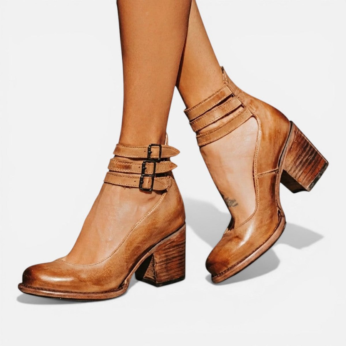 Rosie | Women's Tan Leather Block Heel Ankle Boots Double Buckle Strap