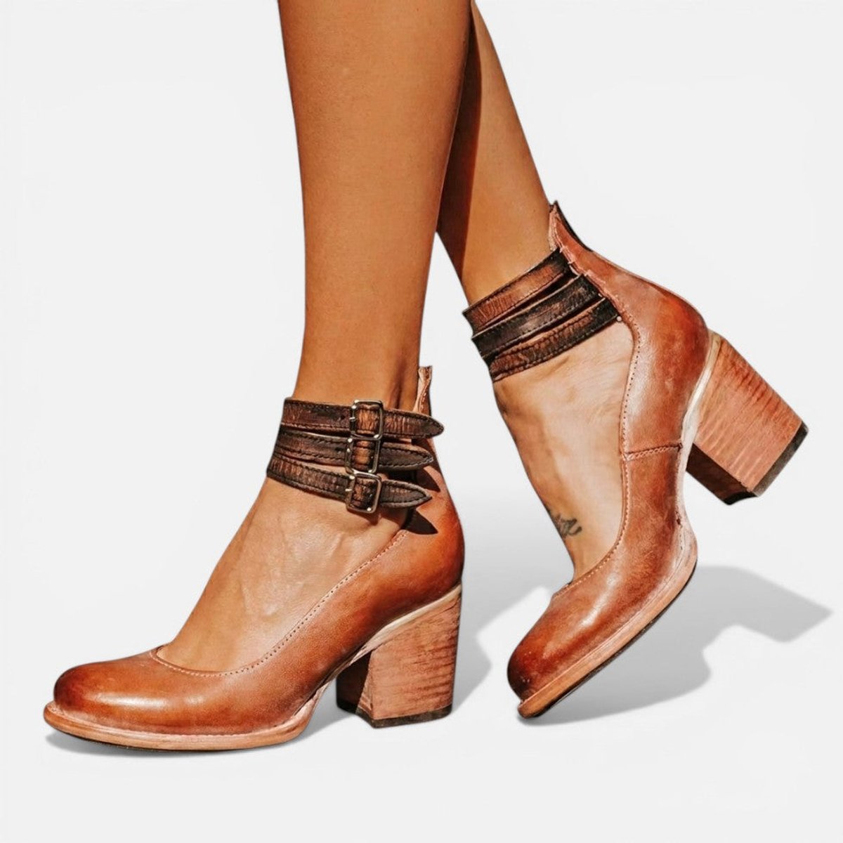 Rosie | Women's Tan Leather Block Heel Ankle Boots Double Buckle Strap