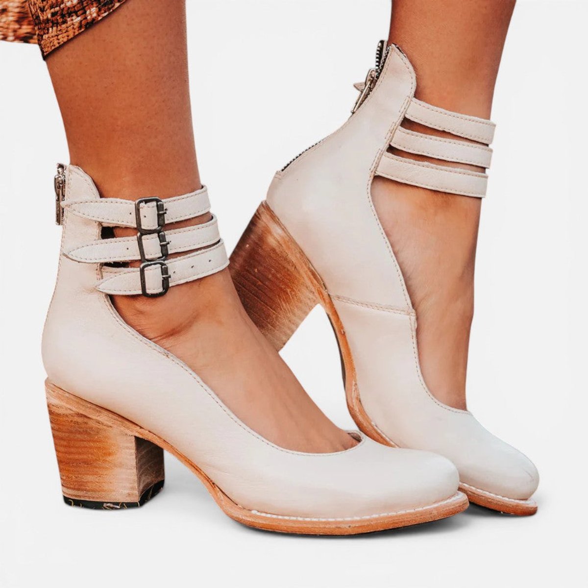 Rosie | Women's Tan Leather Block Heel Ankle Boots Double Buckle Strap