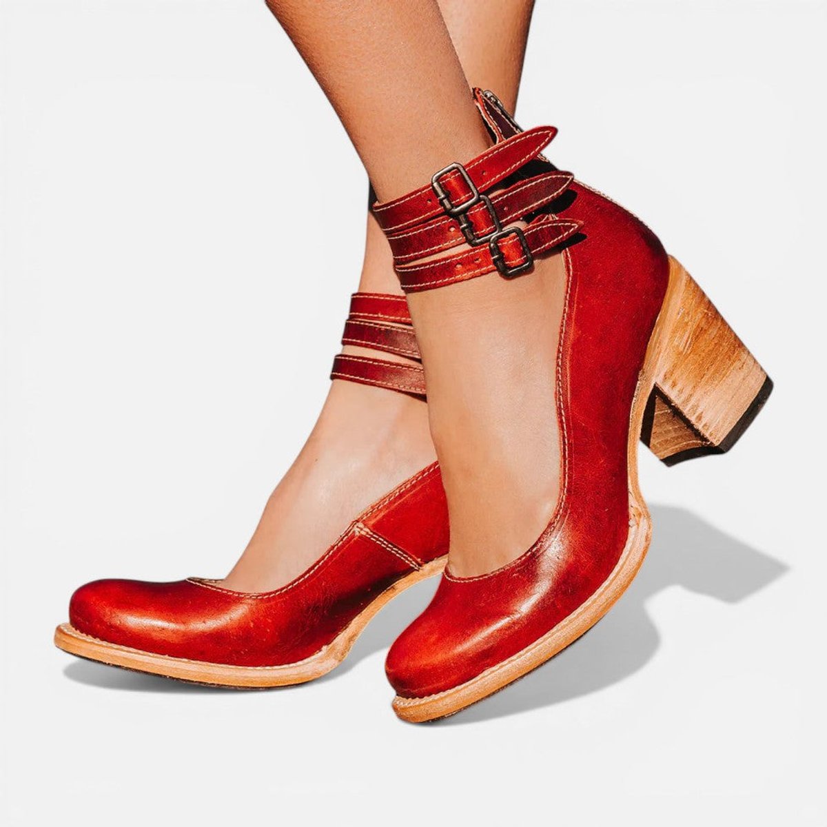 Rosie | Women's Tan Leather Block Heel Ankle Boots Double Buckle Strap