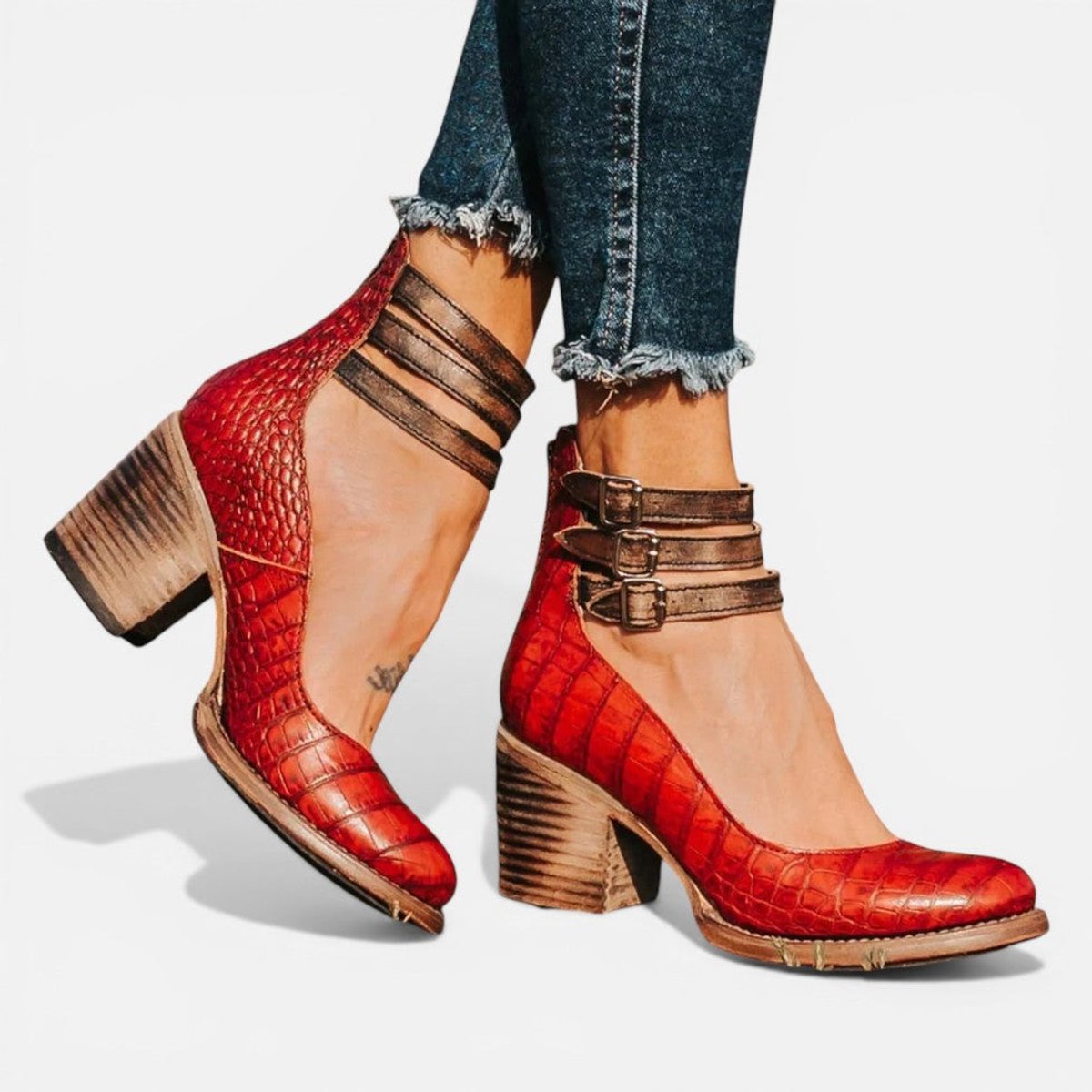 Rosie | Women's Tan Leather Block Heel Ankle Boots Double Buckle Strap