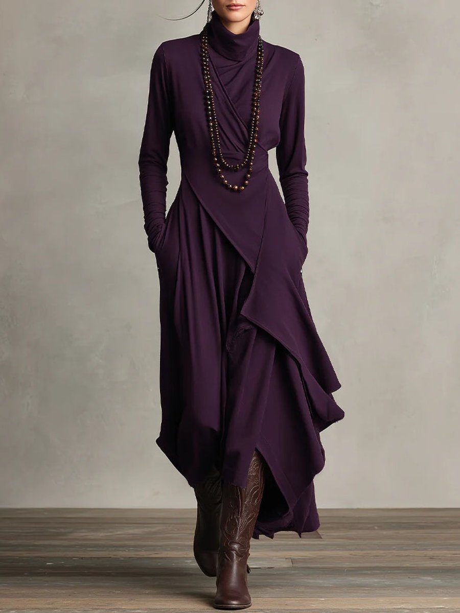 Evelyn | Women's Turtleneck Asymmetric Maxi Long Sleeve Dress Flowy Layered