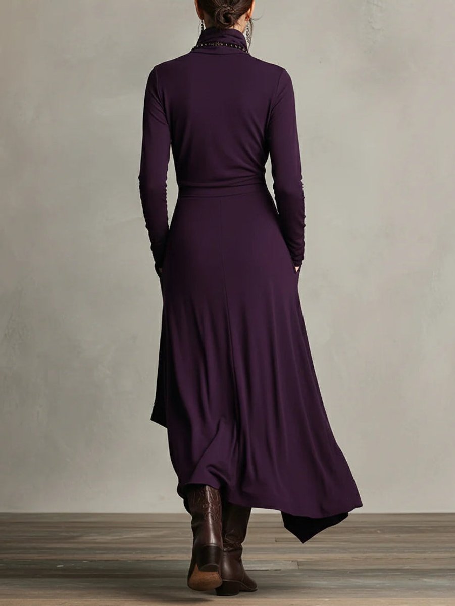 Evelyn | Women's Turtleneck Asymmetric Maxi Long Sleeve Dress Flowy Layered