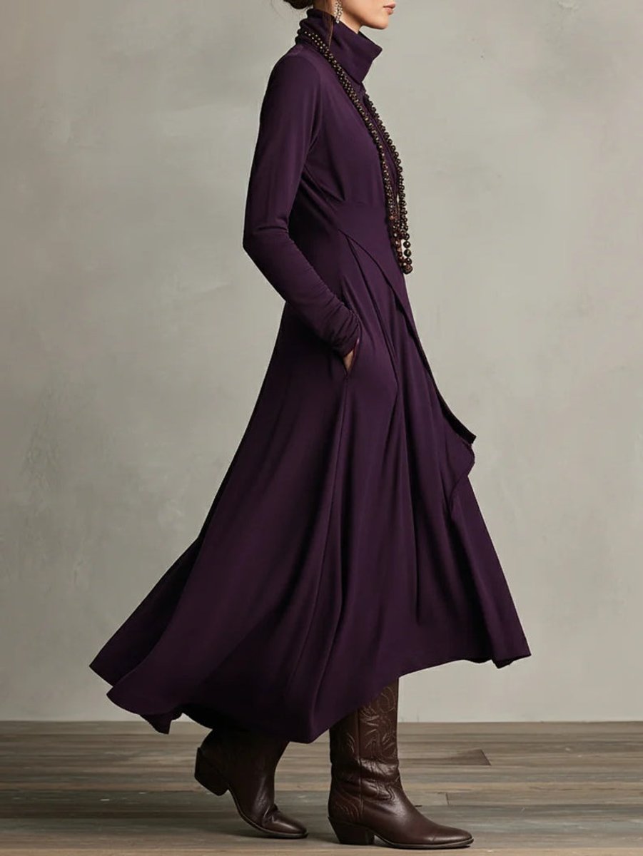 Evelyn | Women's Turtleneck Asymmetric Maxi Long Sleeve Dress Flowy Layered