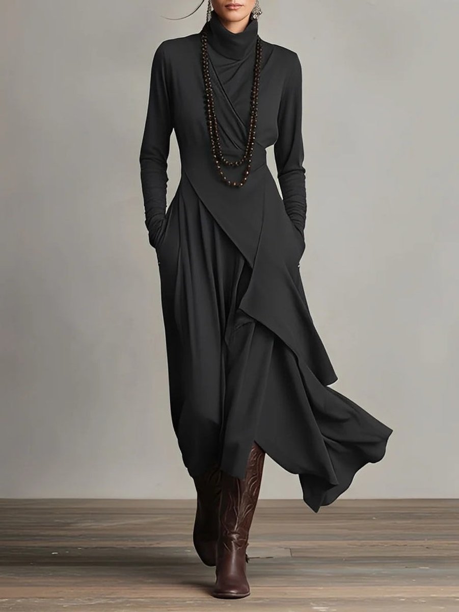 Evelyn | Women's Turtleneck Asymmetric Maxi Long Sleeve Dress Flowy Layered