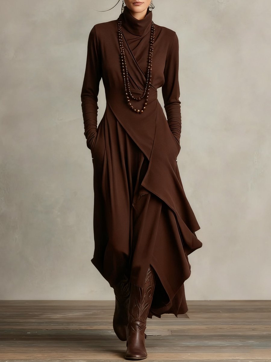 Evelyn | Women's Turtleneck Asymmetric Maxi Long Sleeve Dress Flowy Layered