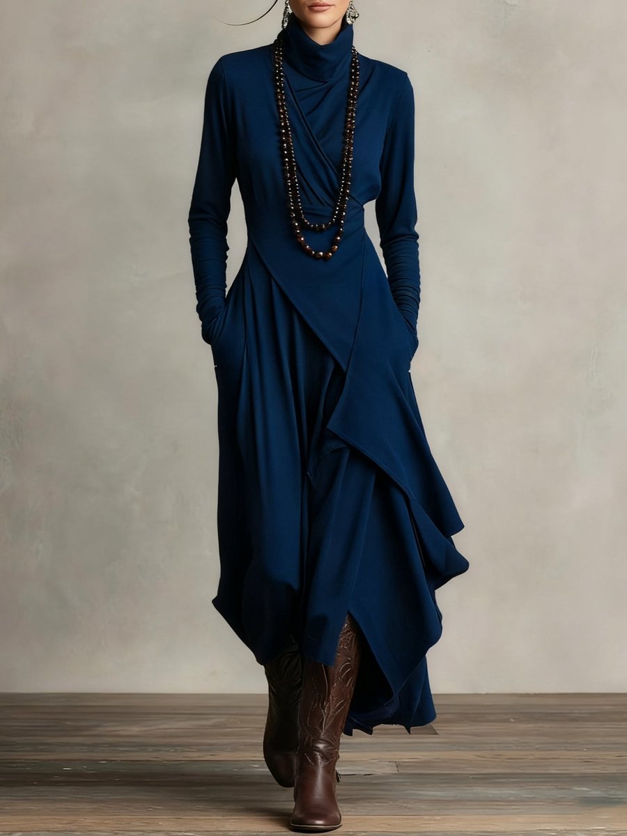 Evelyn | Women's Turtleneck Asymmetric Maxi Long Sleeve Dress Flowy Layered