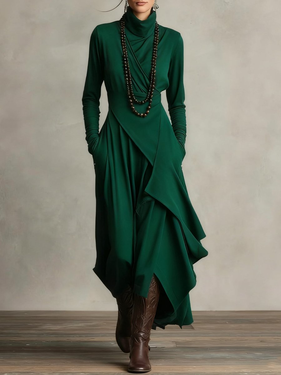 Evelyn | Women's Turtleneck Asymmetric Maxi Long Sleeve Dress Flowy Layered