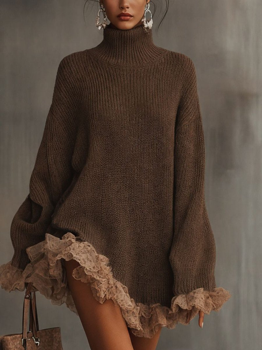 Emily | Women's Turtleneck Knit Lace-Hem Formal Dresses Oversized Mini