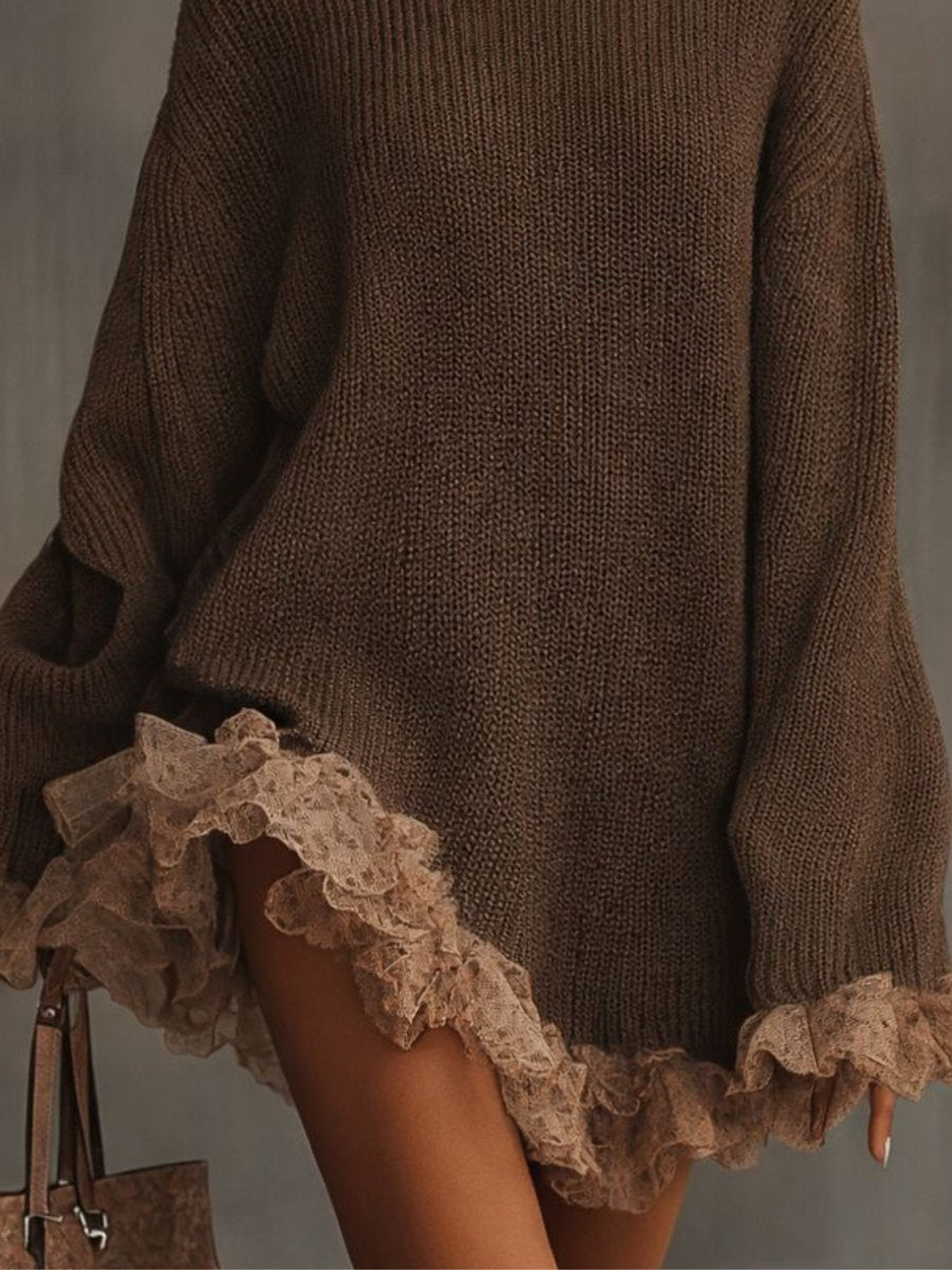Emily | Women's Turtleneck Knit Lace-Hem Formal Dresses Oversized Mini