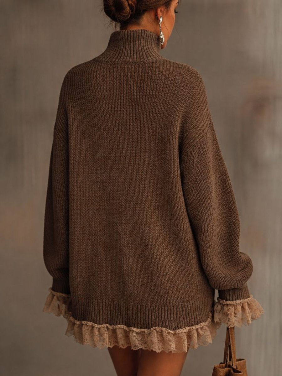 Emily | Women's Turtleneck Knit Lace-Hem Formal Dresses Oversized Mini
